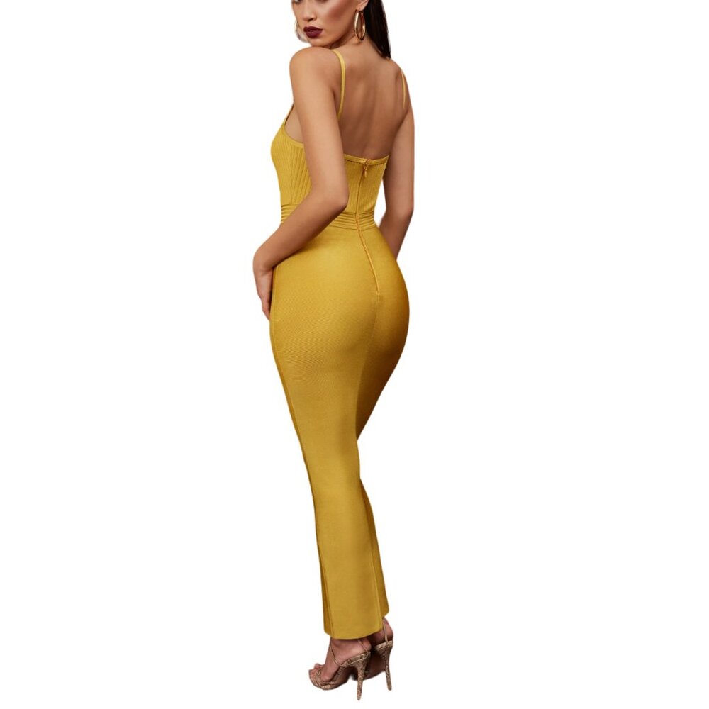 Golden Tone Maxi Bandage Dress – Ribbed Bodice  Spaghetti Straps  Sculpted Fit - Picture 7 of 9